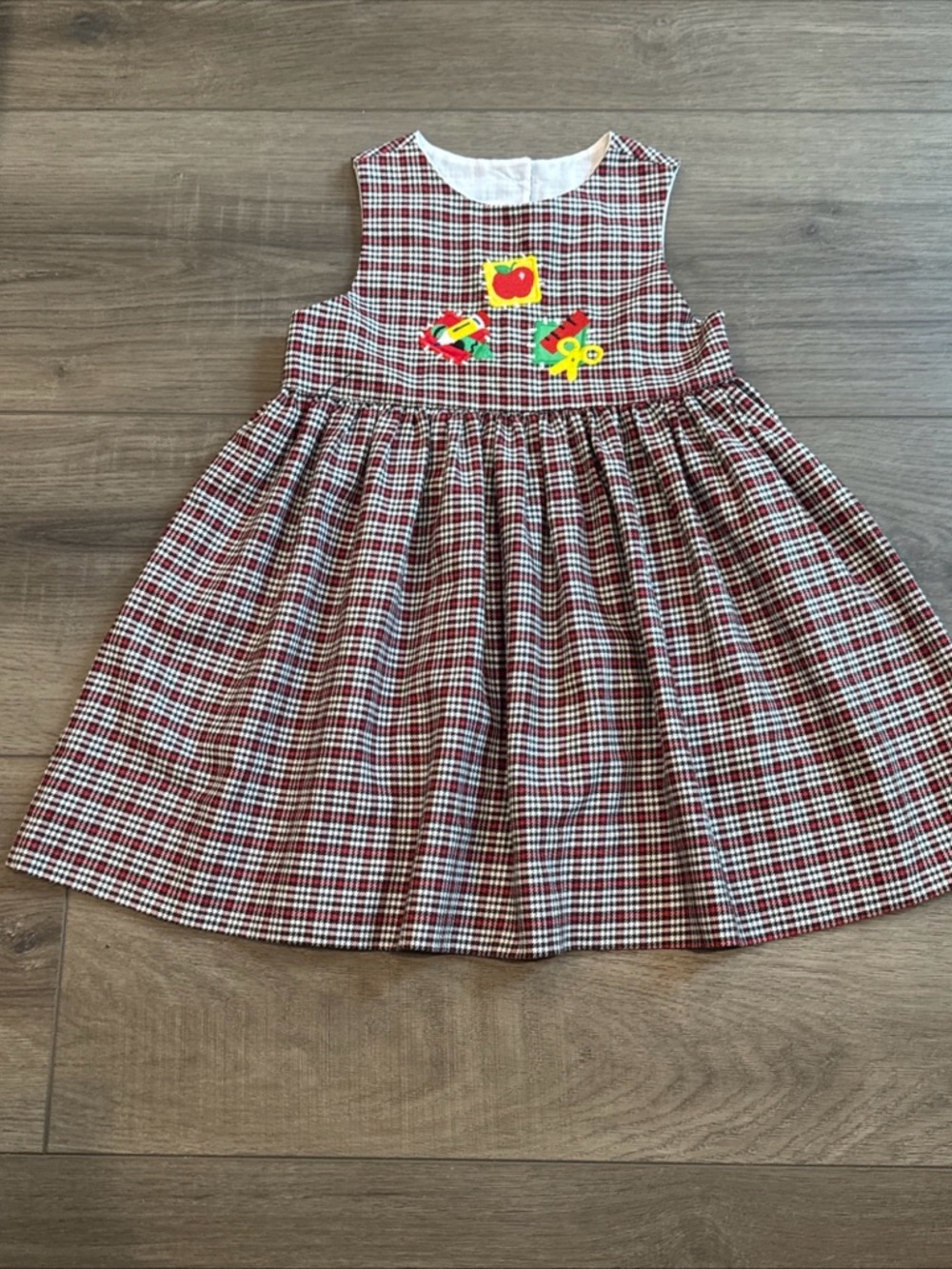 FRIENDS Red and White Plaid Sleeveless Dress with Colorful Appliqués